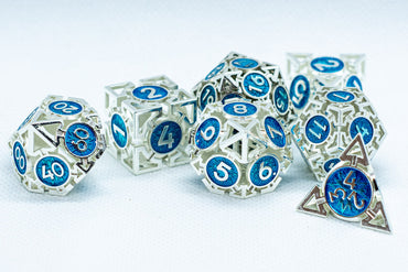 Tritan Silver w/Blue Deadly Arrow Dice | 7-Dice RPG Set High Visibility (Online Only)