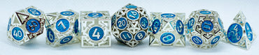 Tritan Silver w/Blue Deadly Arrow Dice | 7-Dice RPG Set High Visibility (Online Only)