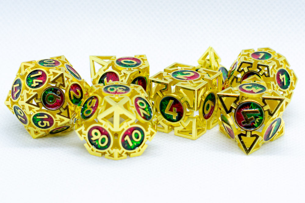 Gold w/Red-Green Deadly Arrow Dice | 7-Dice RPG Set High Visibility (Online Only)