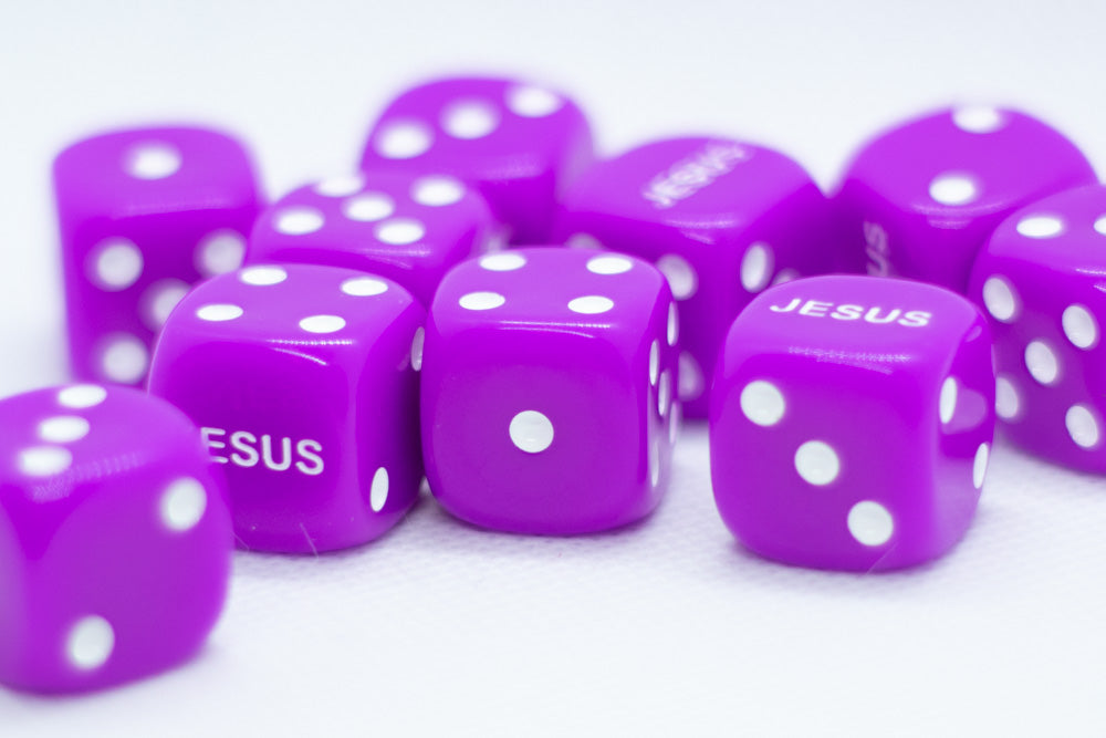 10-Pack Purple 16mm d6 Dice Featuring 'JESUS' on the 6 side (Online Only)