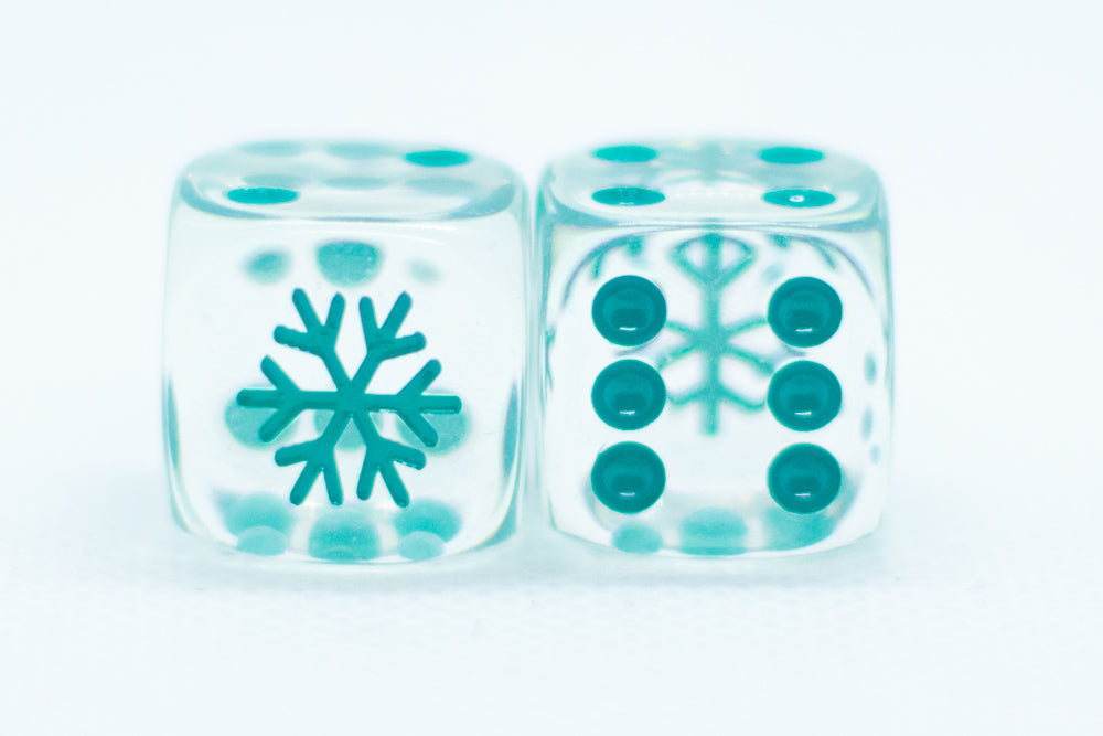10-Pack Clear w/Teal 16mm d6 Dice Featuring a Snowflake on the '1' side (Online Only)
