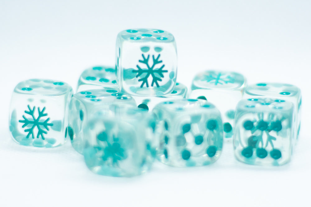 Clear w/Teal 16mm d6 Dice Featuring a Snowflake on the '1' side (sold per die) (Online Only)