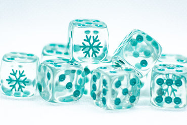 10-Pack Clear w/Teal 16mm d6 Dice Featuring a Snowflake on the '1' side (Online Only)