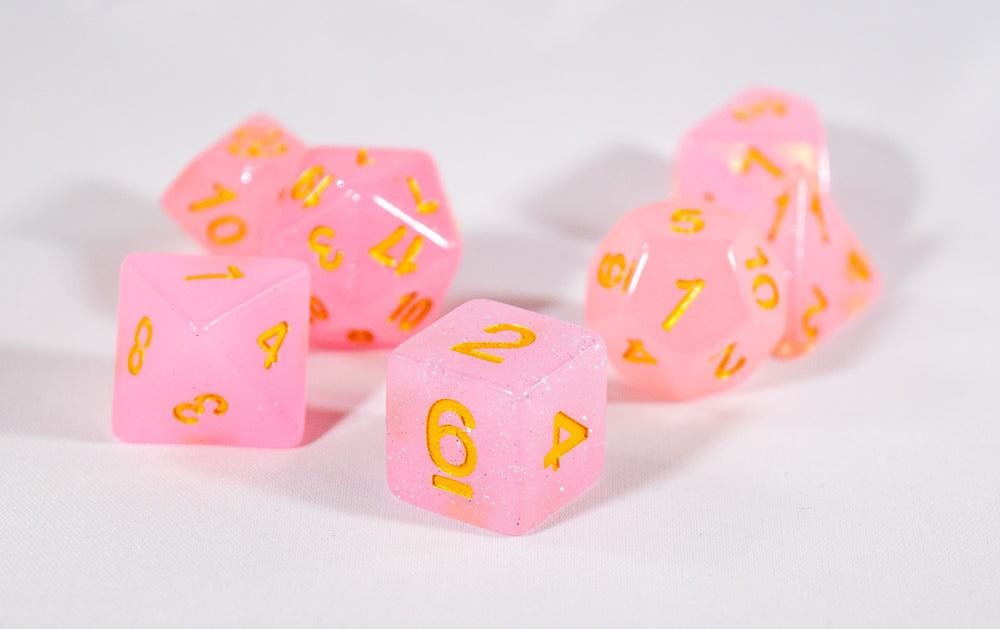 Sparkling Glitter Pink with Gold Numbers Poly Dice Set (7) RPG DnD HDdice (Online Only)
