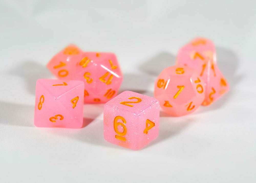 Sparkling Glitter Pink with Gold Numbers Poly Dice Set (7) RPG DnD HDdice (Online Only)