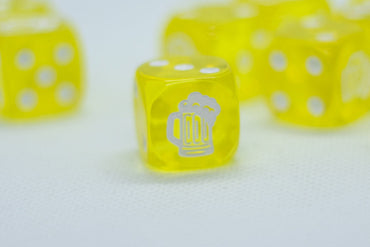 10-Pack Clear Yellow w/White 16mm d6 Dice Featuring a White Mug on the '1' side (Online Only)