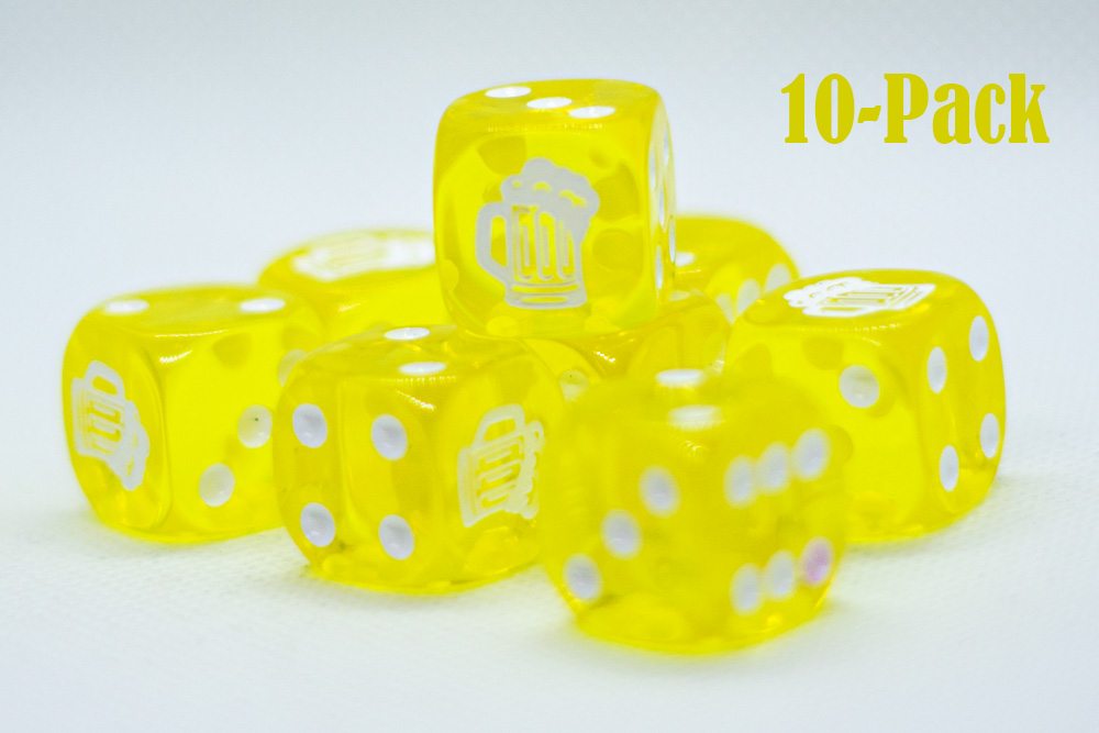 10-Pack Clear Yellow w/White 16mm d6 Dice Featuring a White Mug on the '1' side (Online Only)