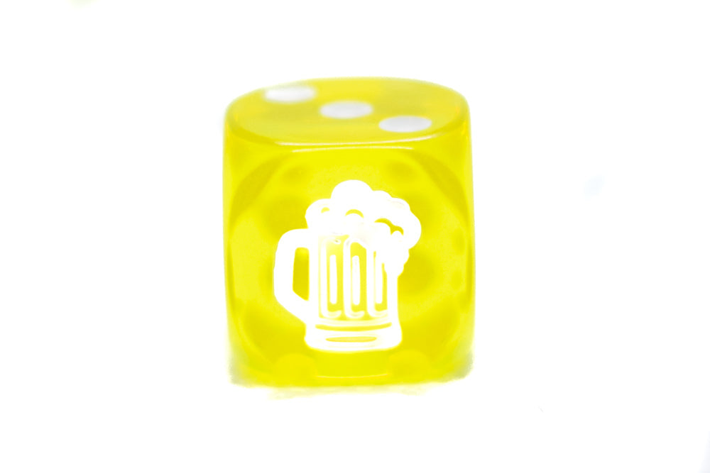 10-Pack Clear Yellow w/White 16mm d6 Dice Featuring a White Mug on the '1' side (Online Only)