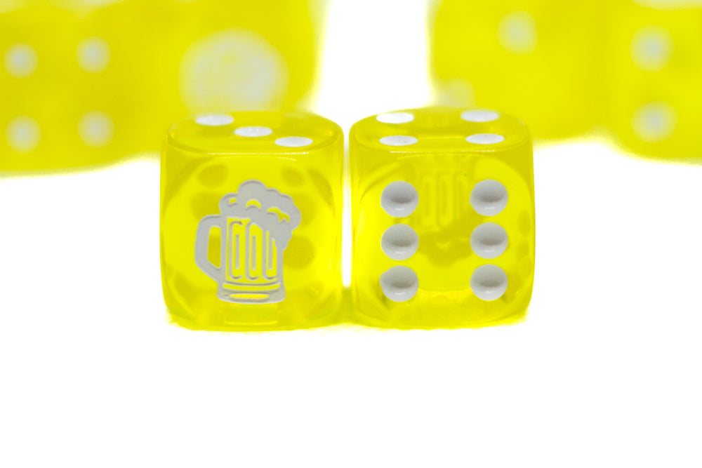 10-Pack Clear Yellow w/White 16mm d6 Dice Featuring a White Mug on the '1' side (Online Only)