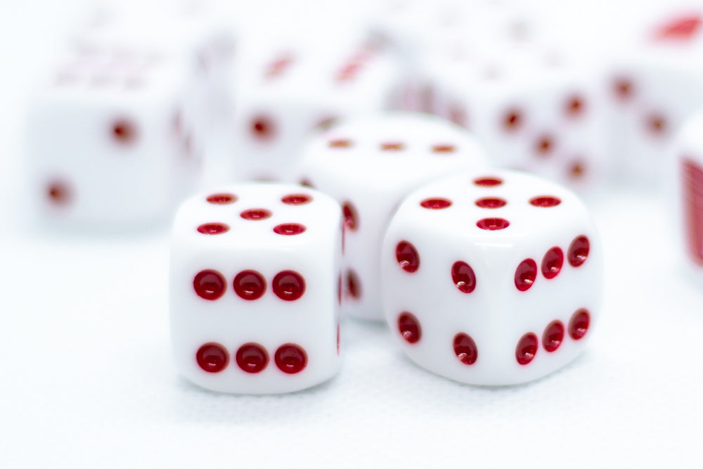 10-Pack Opaque White w/Red 16mm d6 Dice Featuring a Red Cup on the '1' side (Online Only)