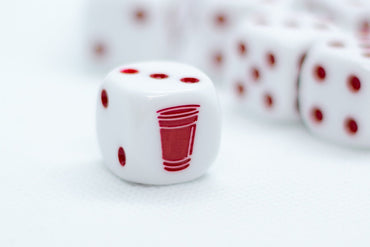 10-Pack Opaque White w/Red 16mm d6 Dice Featuring a Red Cup on the '1' side (Online Only)