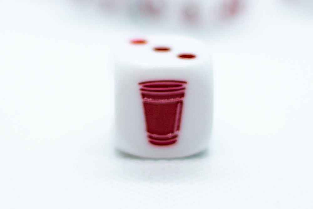 10-Pack Opaque White w/Red 16mm d6 Dice Featuring a Red Cup on the '1' side (Online Only)