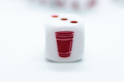 10-Pack Opaque White w/Red 16mm d6 Dice Featuring a Red Cup on the '1' side (Online Only)