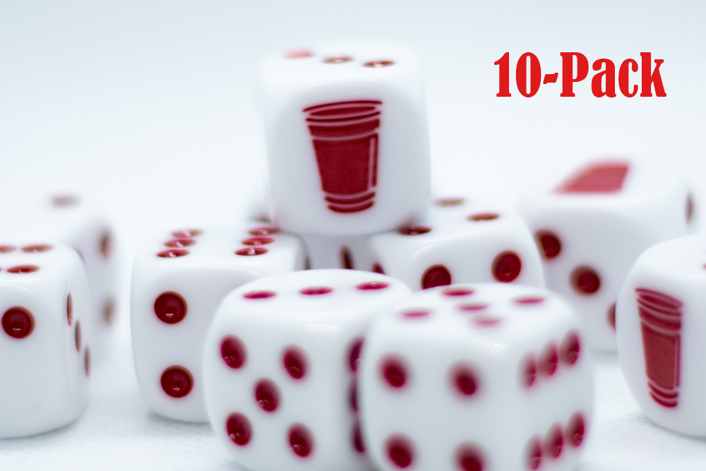 10-Pack Opaque White w/Red 16mm d6 Dice Featuring a Red Cup on the '1' side (Online Only)