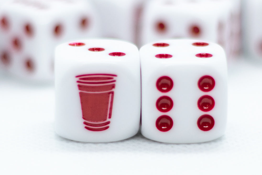10-Pack Opaque White w/Red 16mm d6 Dice Featuring a Red Cup on the '1' side (Online Only)