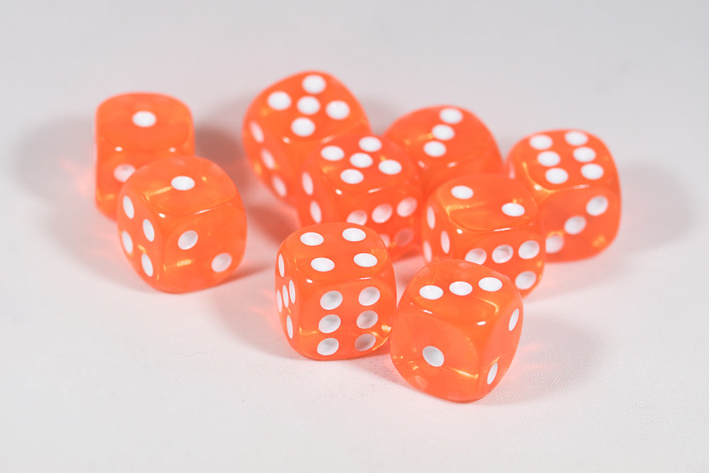Translucent 16mm Pipped d6 Dice Red/Orange/Yellow/Green/Blue/Purple/Clear/Black/Pink (sold by the piece) (Online Only)