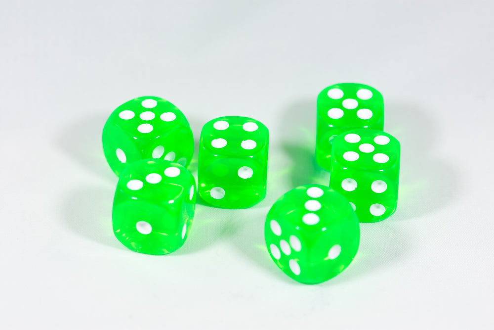 Translucent 16mm Pipped d6 Dice Red/Orange/Yellow/Green/Blue/Purple/Clear/Black/Pink (sold by the piece) (Online Only)