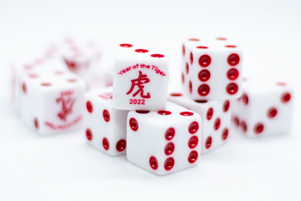 Year of the Tiger Opaque White w/Red 16mm d6 Dice on the '1' side (sold per die) (Online Only)