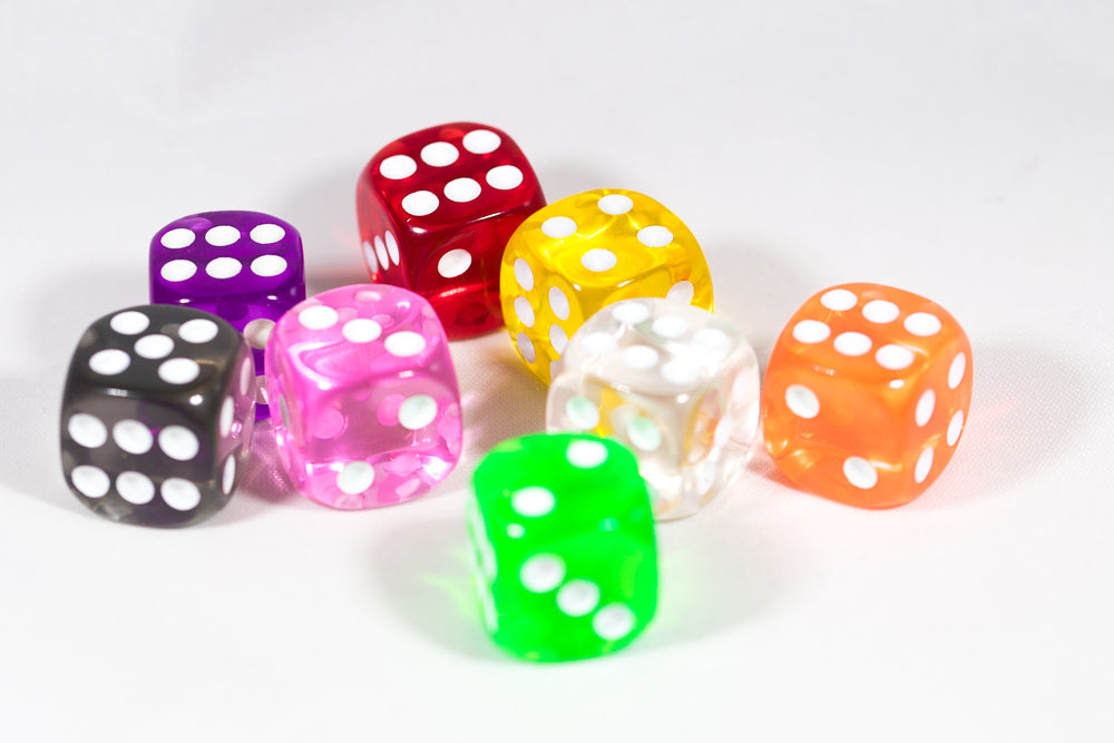 Translucent 16mm Pipped d6 Dice Red/Orange/Yellow/Green/Blue/Purple/Clear/Black/Pink (sold by the piece) (Online Only)
