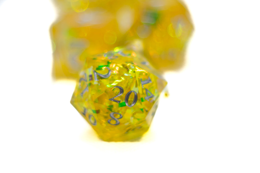 Yellow Shimmer w/silver  7-Dice Set Resin Sharp Edge RPG DND (Online Only)