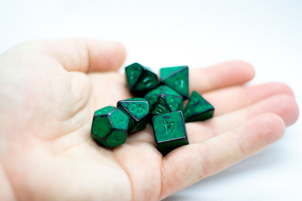 Grass Green Distressed Ancient 7-Dice Set Black w/Green Dnd Dice (Online Only)