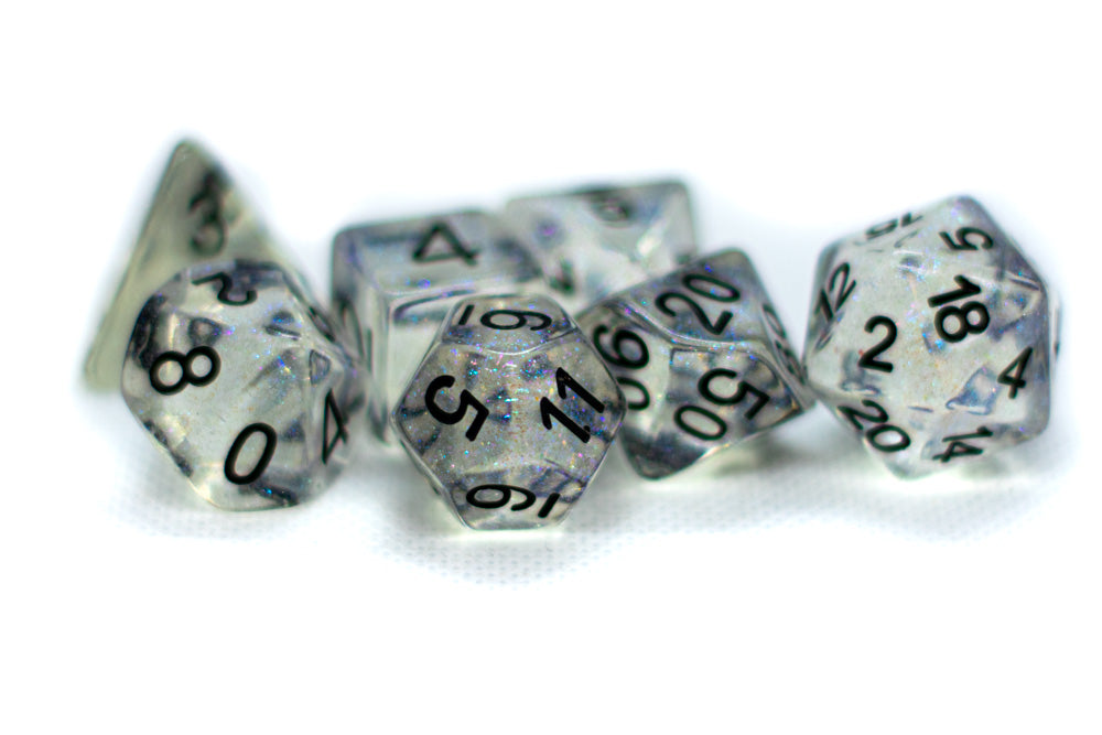 The Time Walker | Clear Glitter 7-Dice Set RPG Dice Set w/Black (Online Only)