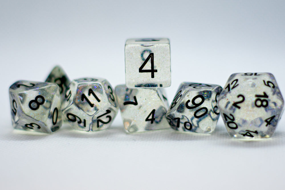 The Time Walker | Clear Glitter 7-Dice Set RPG Dice Set w/Black (Online Only)