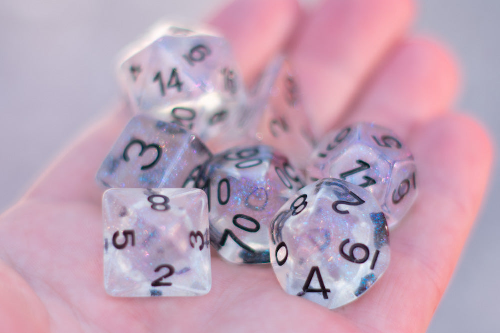 The Time Walker | Clear Glitter 7-Dice Set RPG Dice Set w/Black (Online Only)