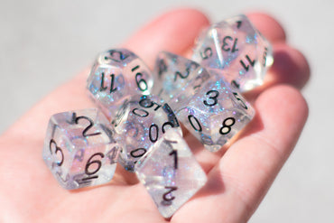 The Time Walker | Clear Glitter 7-Dice Set RPG Dice Set w/Black (Online Only)