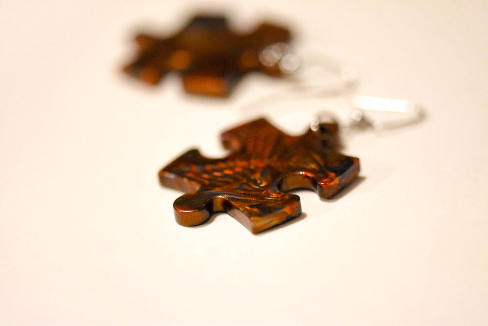 Earrings Scarab Puzzle Piece Pair (Orange/Brown) (Online Only)