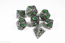 Gun Metal Hollow Gear Dice with Green Numbers 7-Dice Set (Online Only)