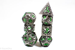 Gun Metal Hollow Gear Dice with Green Numbers 7-Dice Set (Online Only)