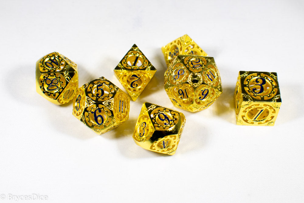 Gold Metal Hollow Gear Dice with Blue Numbers 7-Dice Set (Online Only)