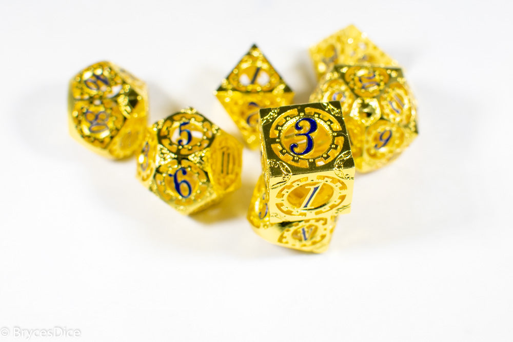 Gold Metal Hollow Gear Dice with Blue Numbers 7-Dice Set (Online Only)