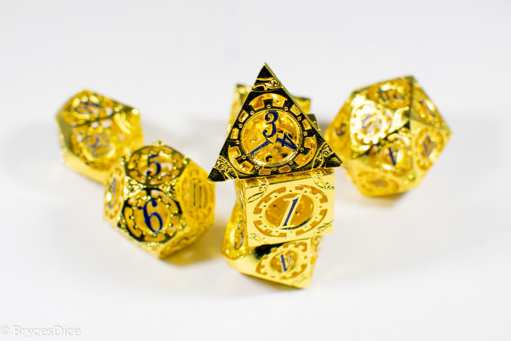 Gold Metal Hollow Gear Dice with Blue Numbers 7-Dice Set (Online Only)