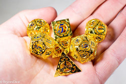 Gold Metal Hollow Gear Dice with Blue Numbers 7-Dice Set (Online Only)