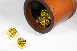 Gold Metal Hollow Gear Dice with Blue Numbers 7-Dice Set (Online Only)