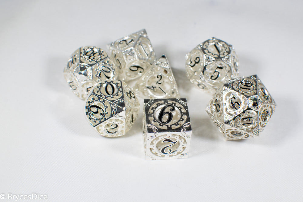 Silver Metal Hollow Gear Dice with Black Numbers 7-Dice Set (Online Only)