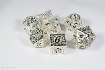 Silver Metal Hollow Gear Dice with Black Numbers 7-Dice Set (Online Only)