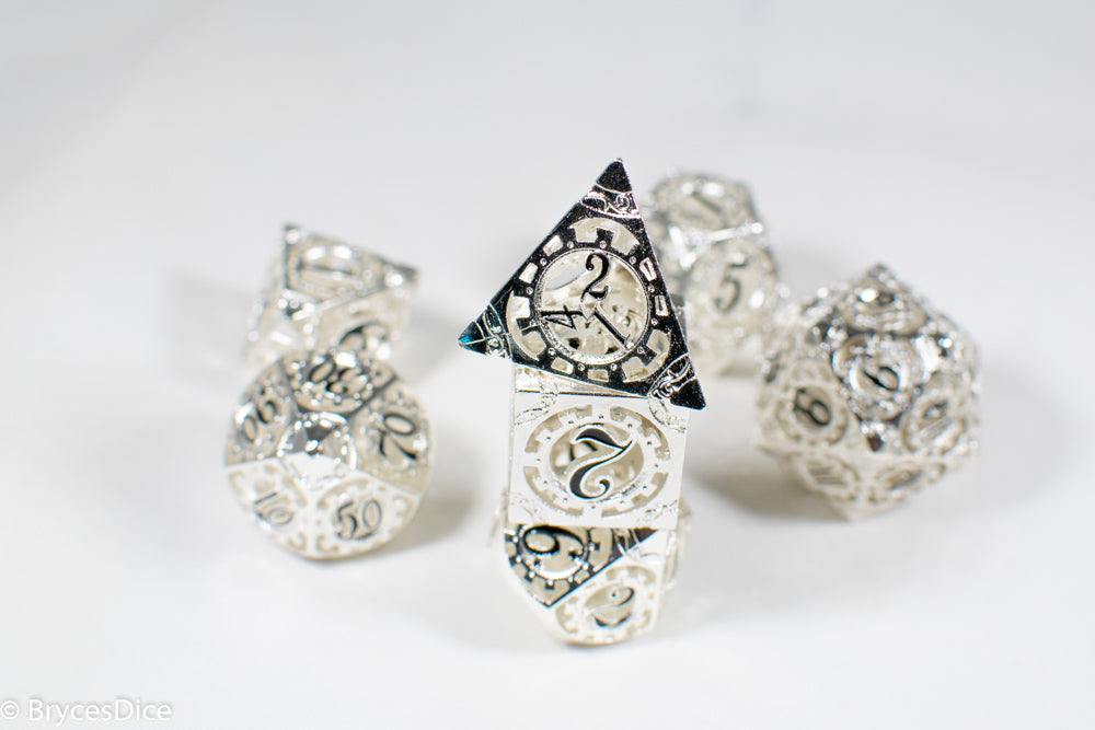 Silver Metal Hollow Gear Dice with Black Numbers 7-Dice Set (Online Only)