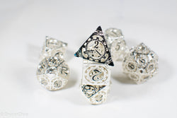 Silver Metal Hollow Gear Dice with Black Numbers 7-Dice Set (Online Only)