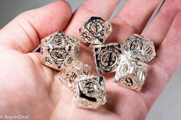 Silver Metal Hollow Gear Dice with Black Numbers 7-Dice Set (Online Only)