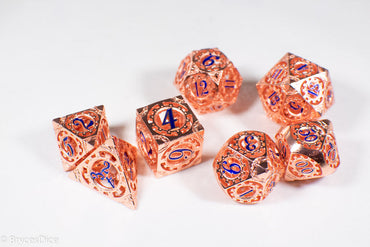Rose Gold Metal Hollow Gear Dice with Blue Numbers 7-Dice Set (Online Only)