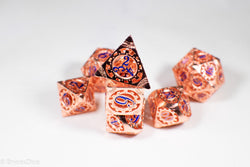 Rose Gold Metal Hollow Gear Dice with Blue Numbers 7-Dice Set (Online Only)