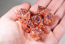 Rose Gold Metal Hollow Gear Dice with Blue Numbers 7-Dice Set (Online Only)