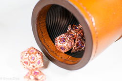 Rose Gold Metal Hollow Gear Dice with Blue Numbers 7-Dice Set (Online Only)