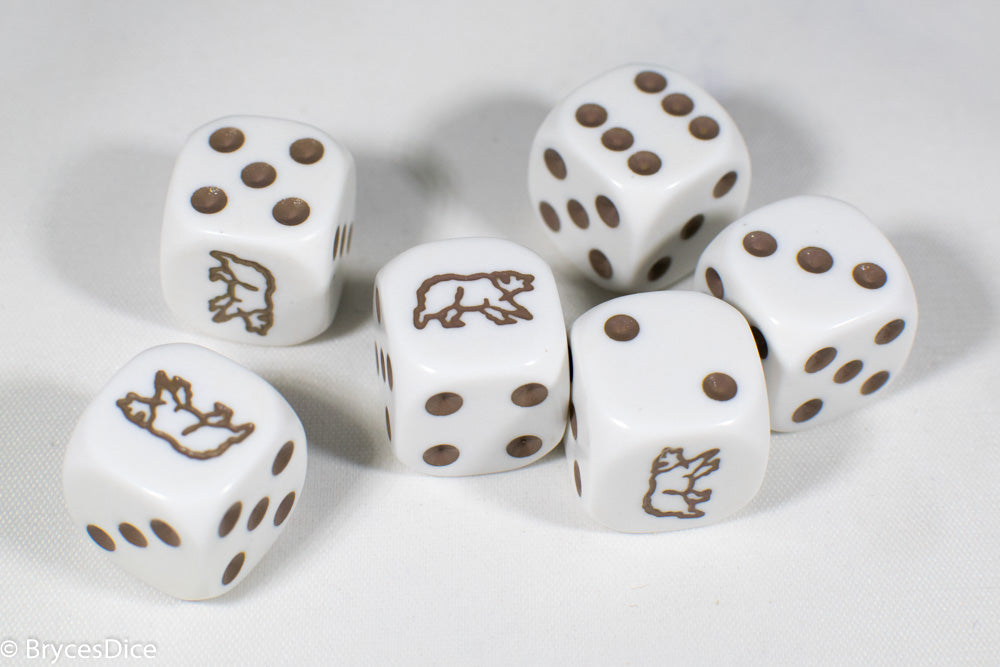 White Dice with Brown Bear; 6 Sided Bunco RPG Game D6 16mm Roll Rounded Corner (Online Only)