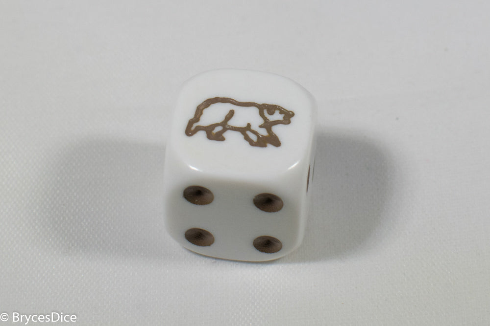 White Dice with Brown Bear; 6 Sided Bunco RPG Game D6 16mm Roll Rounded Corner (Online Only)