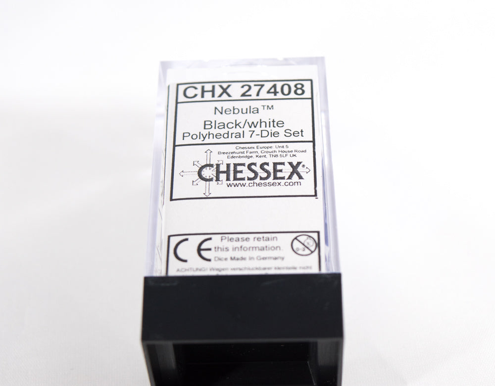 Chessex Polyhedral 7 Die Nebula Black w/ White Numbers Set Of 7 Dice CHX 27408 (Online Only)