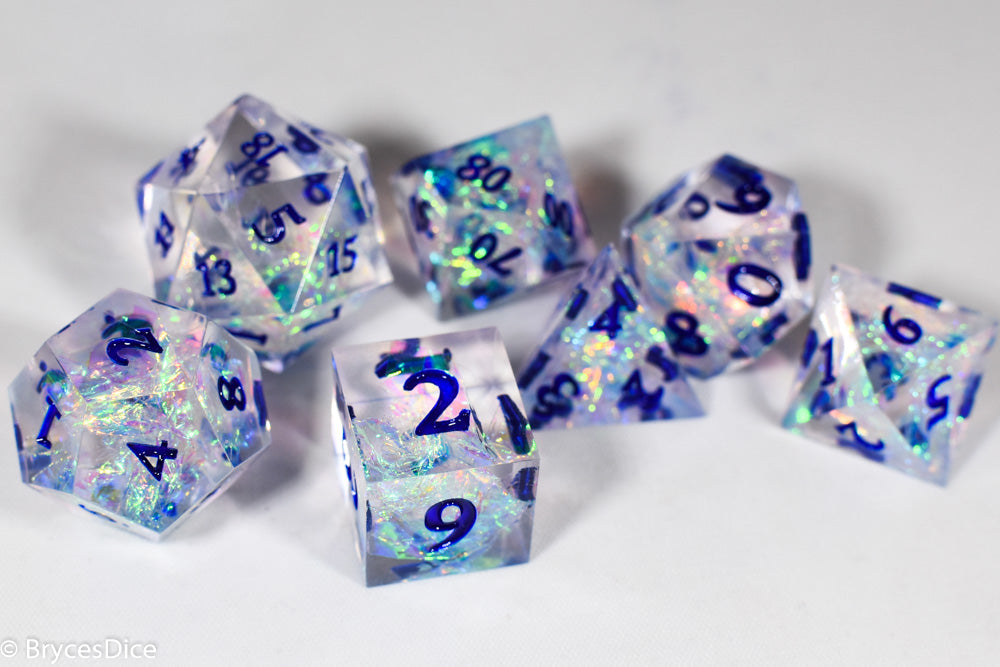 Ice Cubes Sharp Edge Resin 7-Dice Dice (Clear Shimmer w/ Blue Numbers) (Online Only)